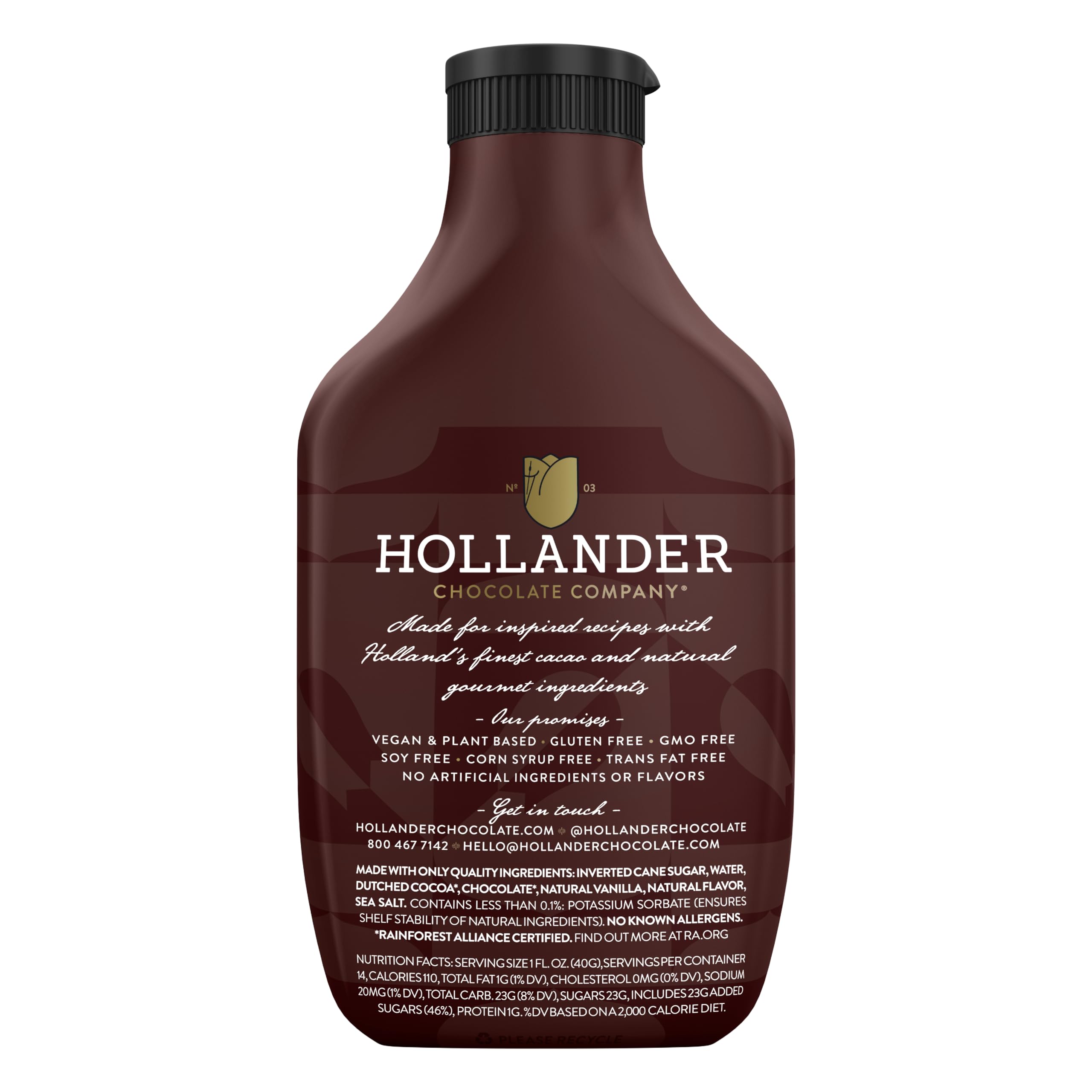 Hollander Chocolate Cafe Sauce being poured over dessert enhances mochas and hot cocoa