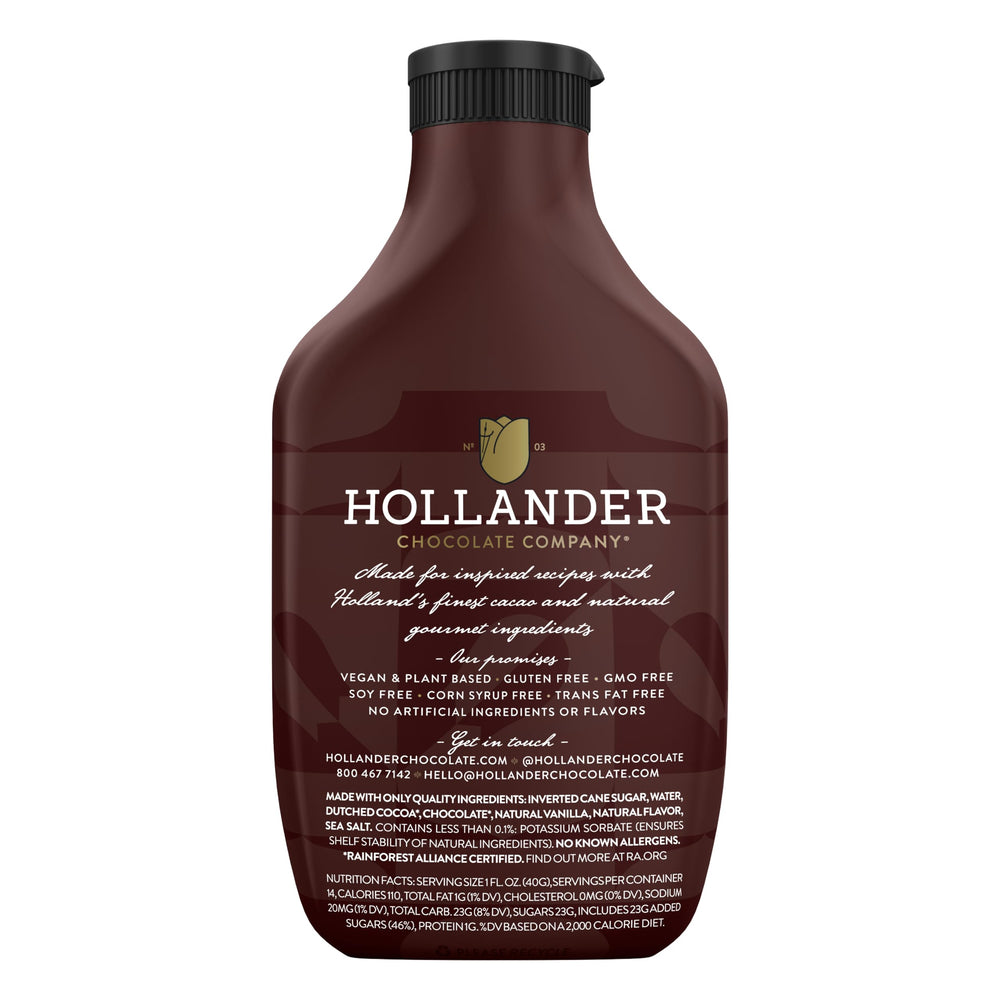 Hollander Chocolate Cafe Sauce being poured over dessert enhances mochas and hot cocoa