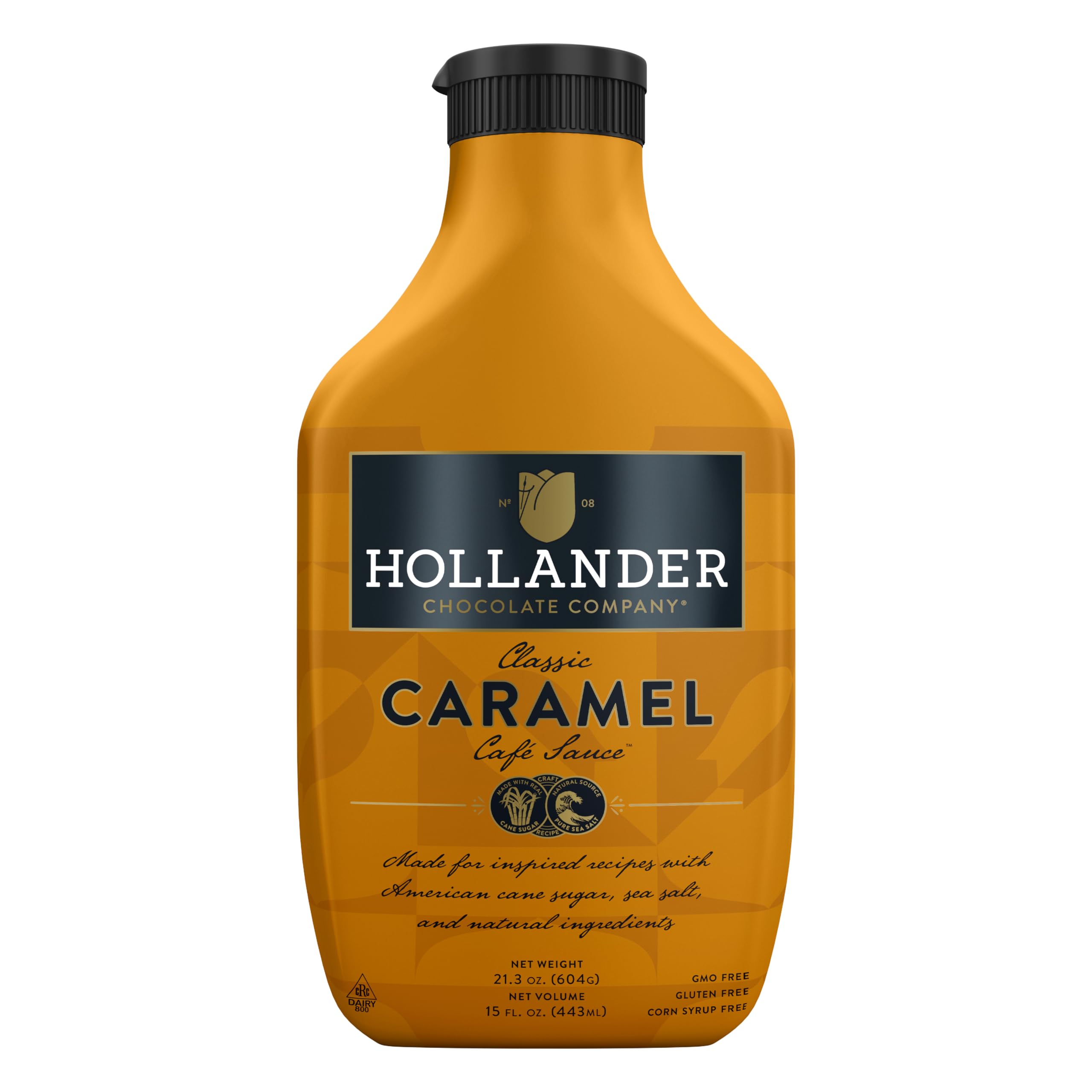 Hollander Chocolate Caramel Café Sauce bottle ready to drizzle on drinks and desserts