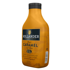 Latte glass with Hollander Caramel Café Sauce drizzle, rich and glossy