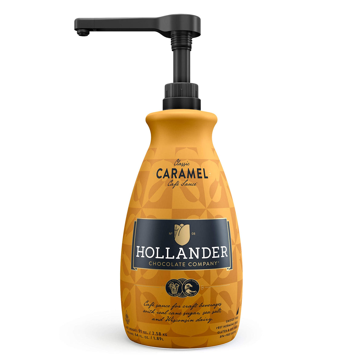 Hollander Chocolate Classic Caramel Sauce bottle pour enhances lattes and desserts