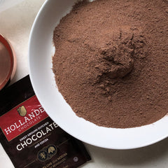 Hollander Chocolate hot cocoa steaming cup shows ready-to-serve richness and silky texture
