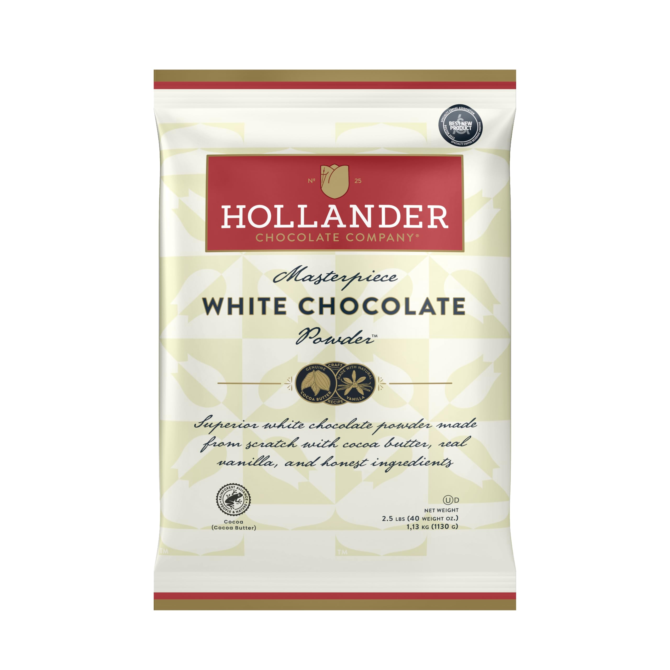 Hollander Masterpiece White Chocolate Powder bag front with premium clean-label packaging for baking