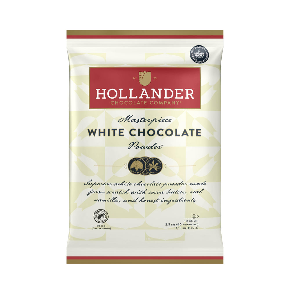 Hollander Masterpiece White Chocolate Powder bag front with premium clean-label packaging for baking