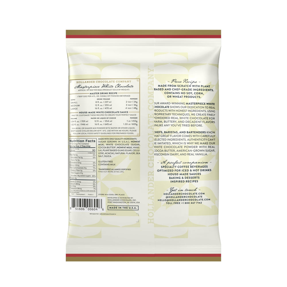 Hollander Masterpiece White Chocolate Powder whisked into espresso for a rich, creamy coffee
