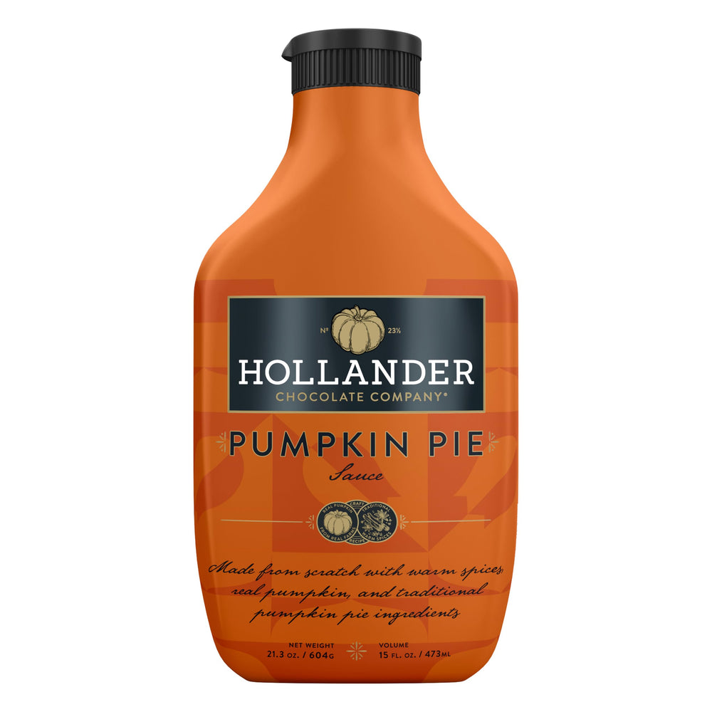 Hollander Pumpkin Pie Sauce bottle with real pumpkin flavor, ideal for gluten-free desserts.