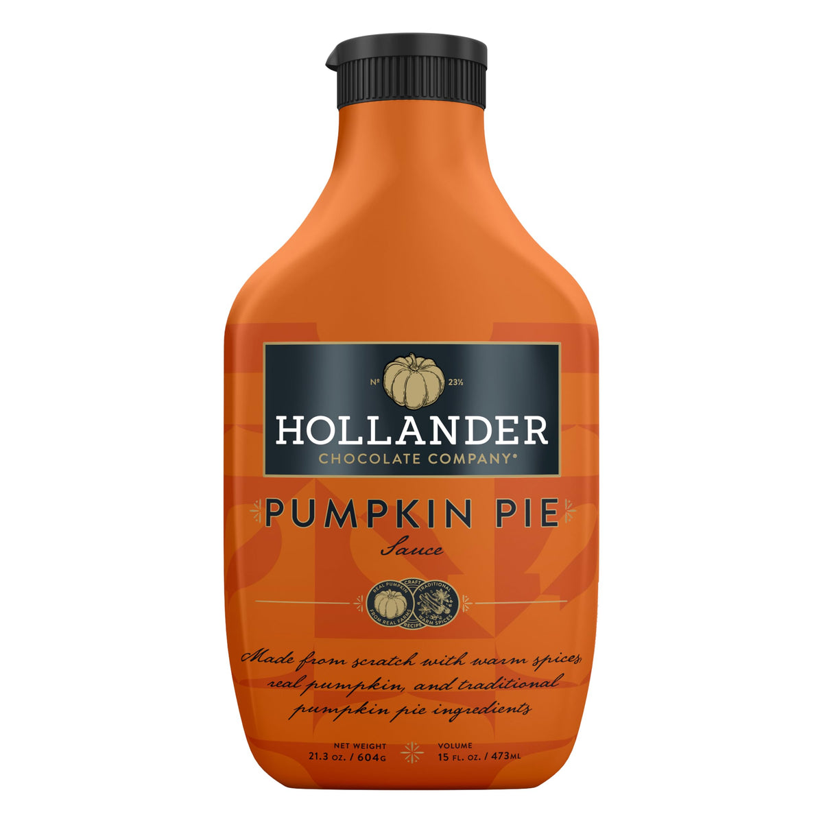 Hollander Pumpkin Pie Sauce bottle with real pumpkin flavor, ideal for gluten-free desserts.