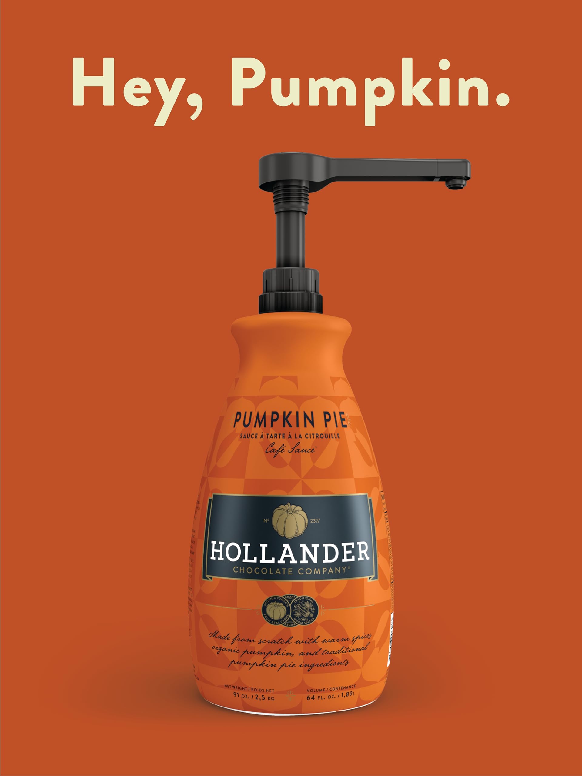 Pouring Hollander Pumpkin Pie Sauce, smooth seasonal flavor