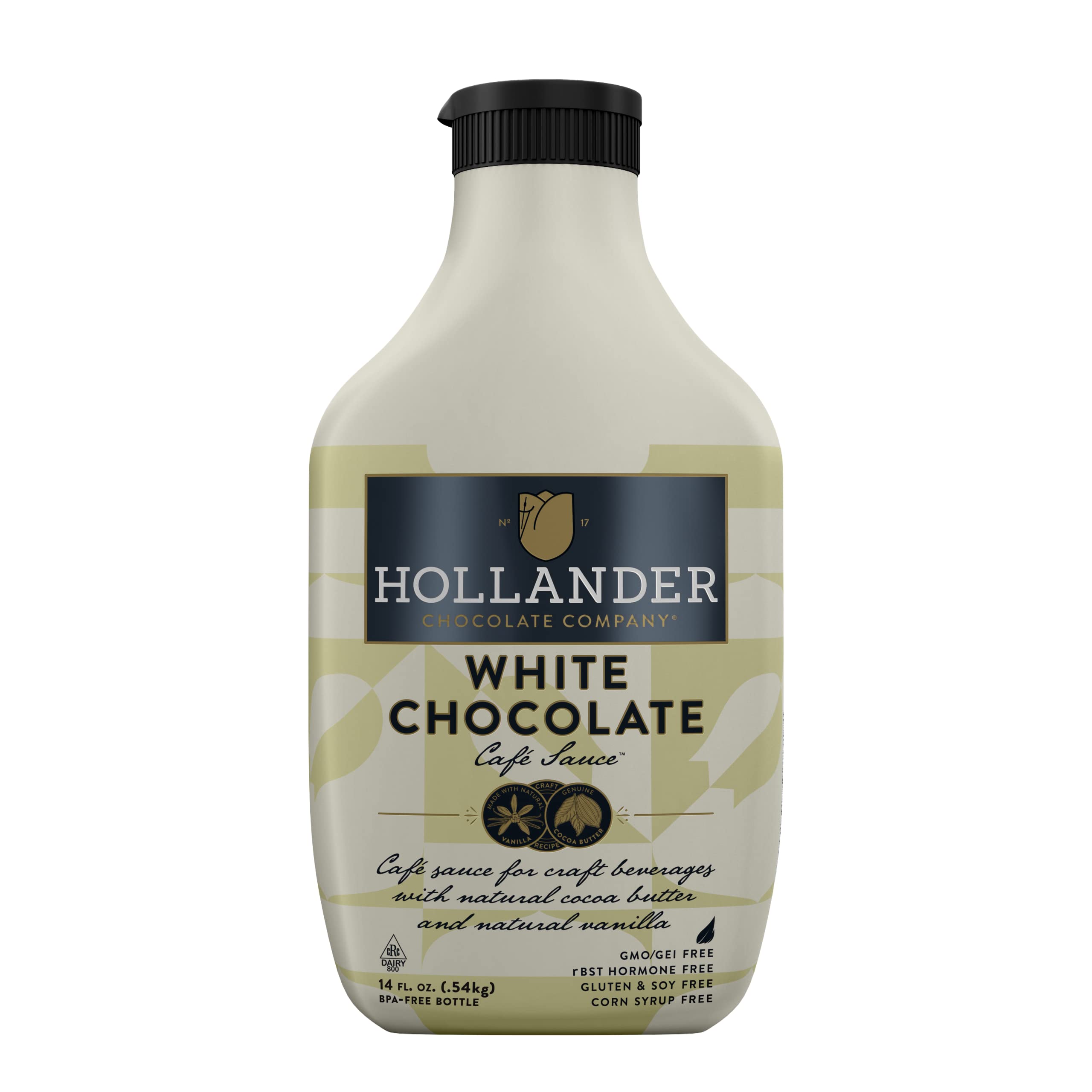 Hollander White Chocolate Cafe Sauce bottle top view, showcasing convenience