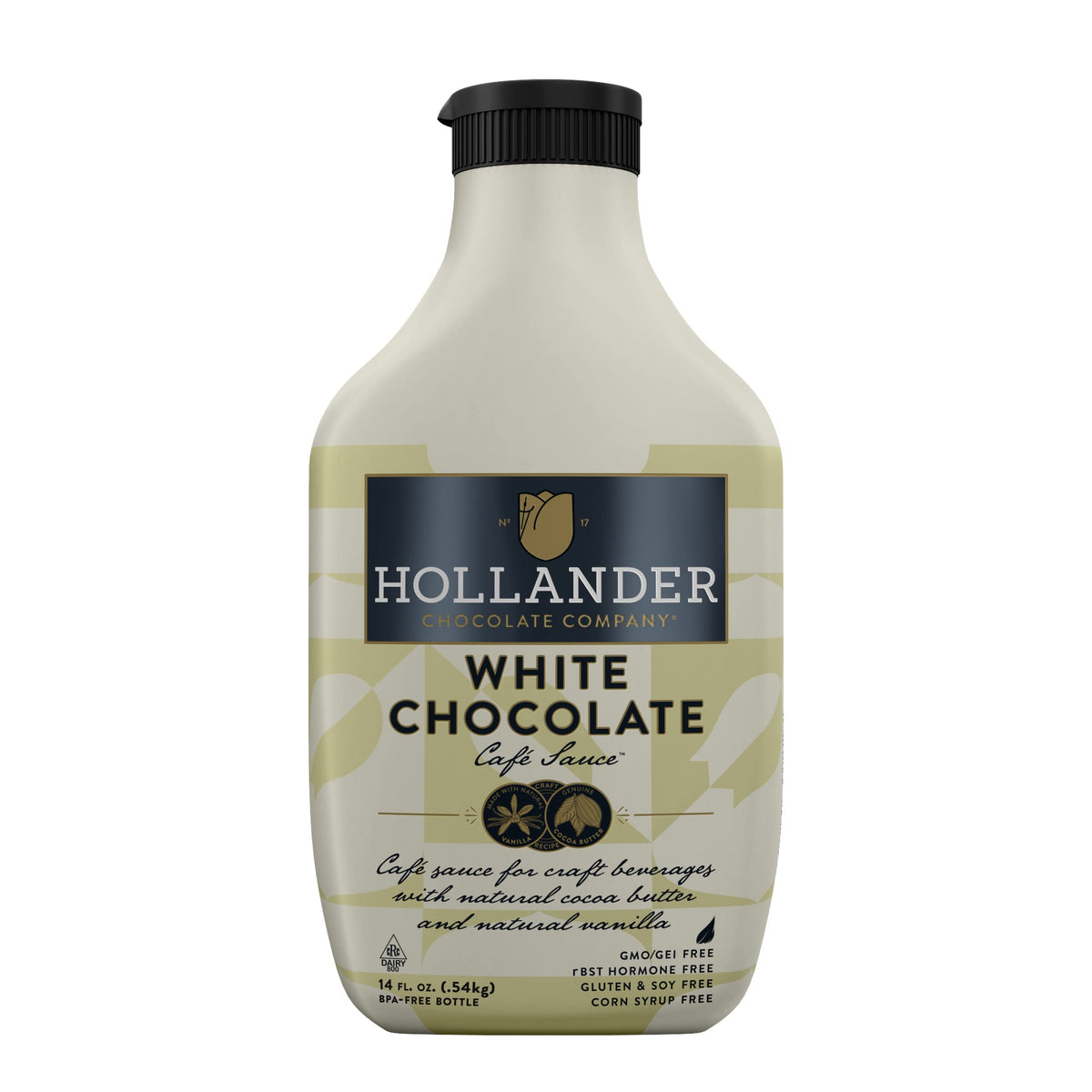 Hollander White Chocolate Cafe Sauce bottle top view, showcasing convenience