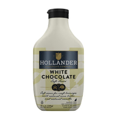 Hollander White Chocolate Cafe Sauce bottle top view, showcasing convenience