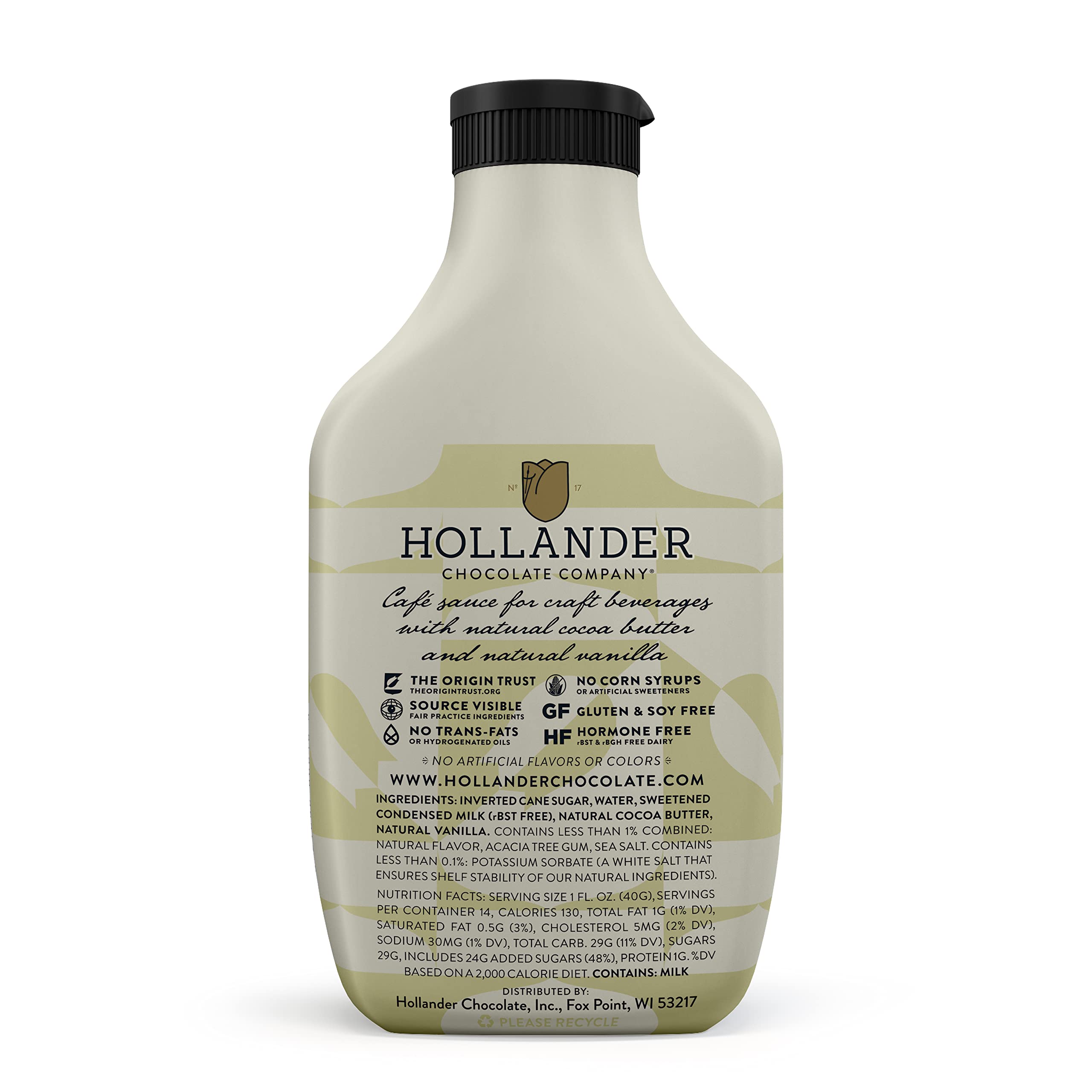 Hollander White Chocolate Cafe Sauce being poured into a white mocha