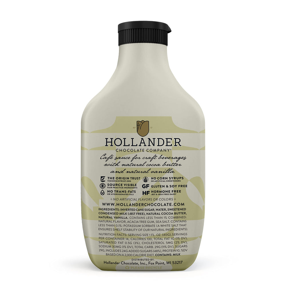 Hollander White Chocolate Cafe Sauce being poured into a white mocha