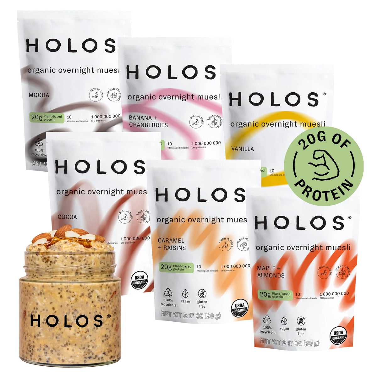 HOLOS Protein Overnight Oats jar shown for quick vegan breakfast preparation.