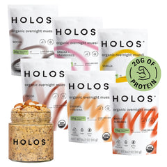 HOLOS Protein Overnight Oats jar shown for quick vegan breakfast preparation.