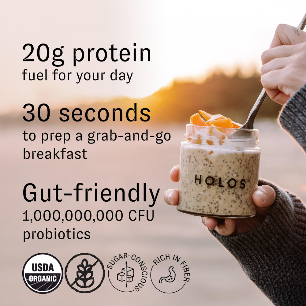 Close-up of HOLOS oats and chia showing organic, gluten-free cereal texture.