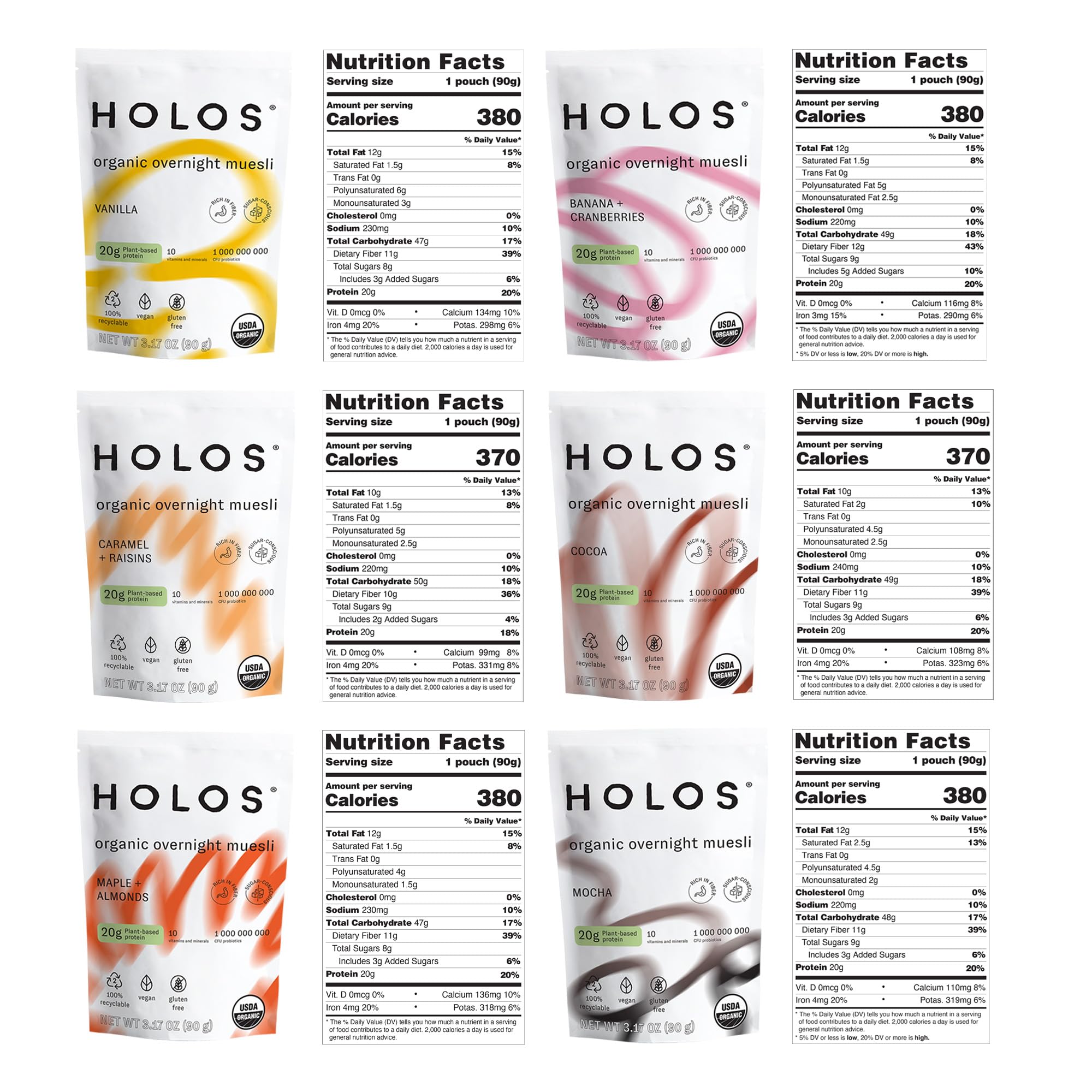 HOLOS variety pack oats displaying six flavors for versatile mornings.