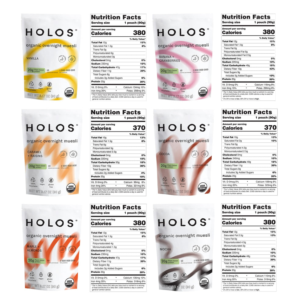 HOLOS variety pack oats displaying six flavors for versatile mornings.