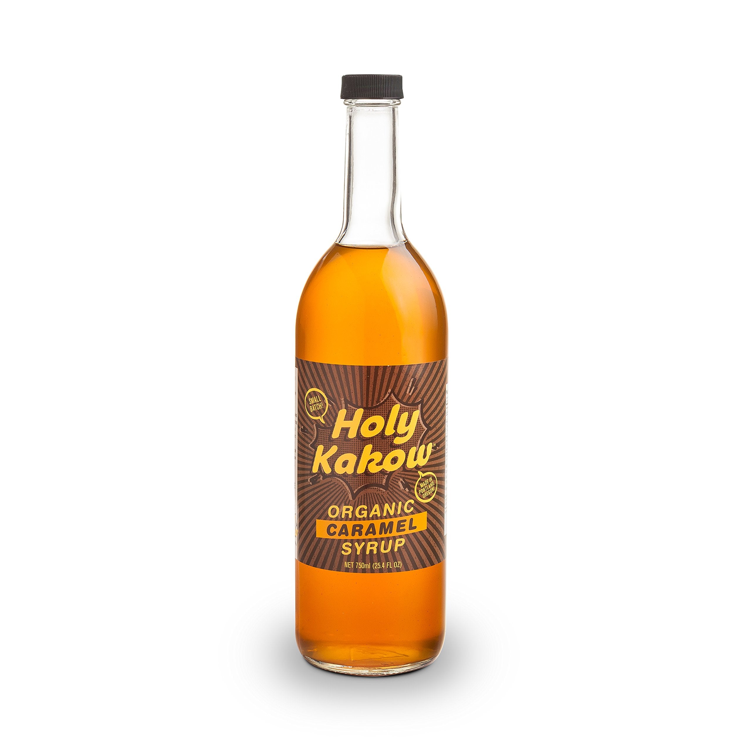 Holy Kakow Cafe Organic Caramel Syrup bottle ready to pour on latte