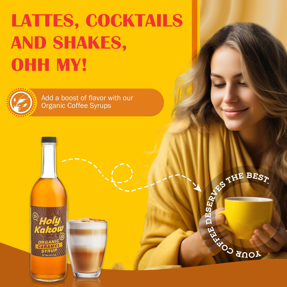 Holy Kakow caramel syrup bottle in a cocktail shaker for depth