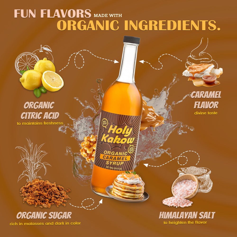 Close-up of Holy Kakow syrup ingredients highlighting real-food sources