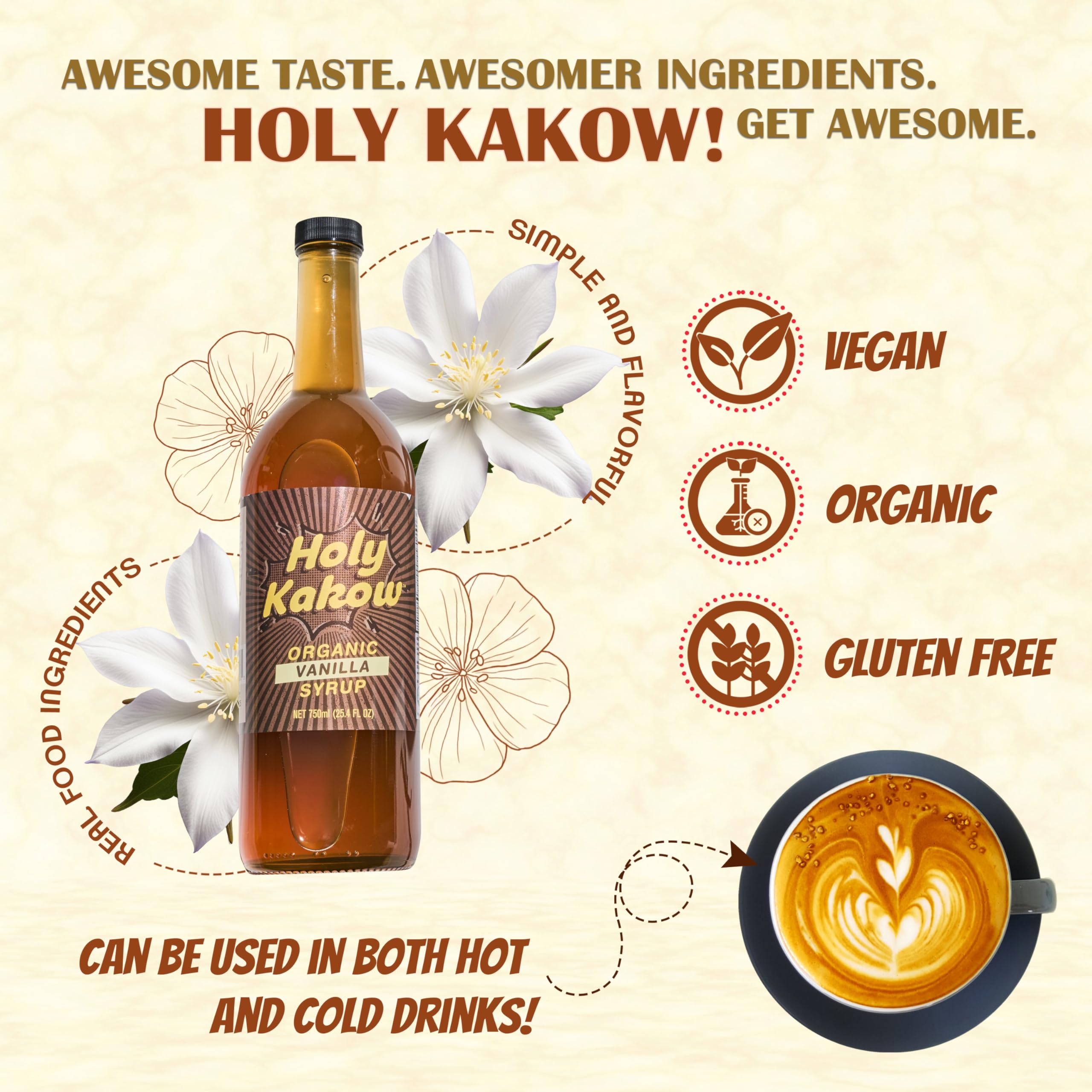 Holy Kakow Vanilla Syrup ingredients closeup, showcasing real-food components for authentic taste.