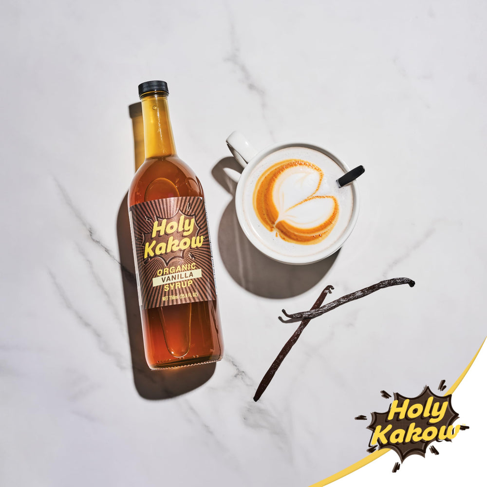Holy Kakow Vanilla Syrup packaging, 750ml bottle ready for home barista use.