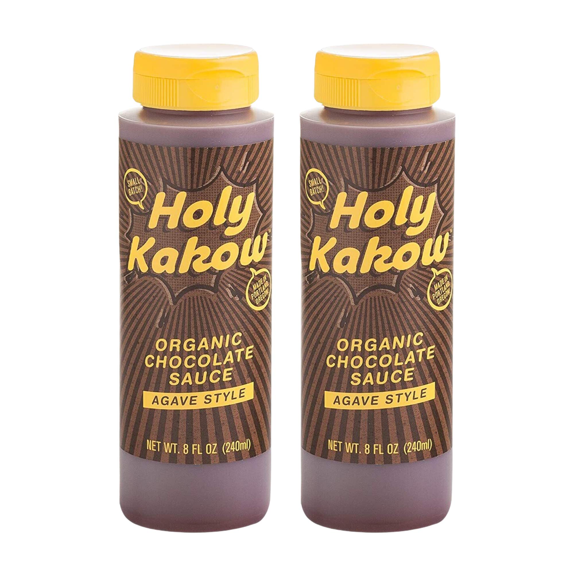Holy Kakow Organic Chocolate Sauce bottle pouring over dessert for rich, gluten-free indulgence