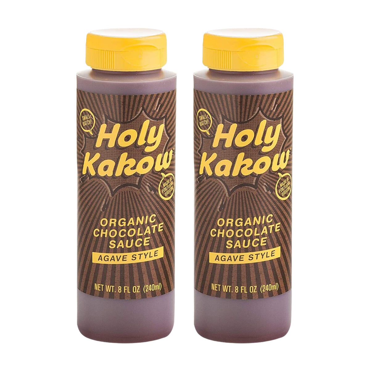 Holy Kakow Organic Chocolate Sauce bottle pouring over dessert for rich, gluten-free indulgence