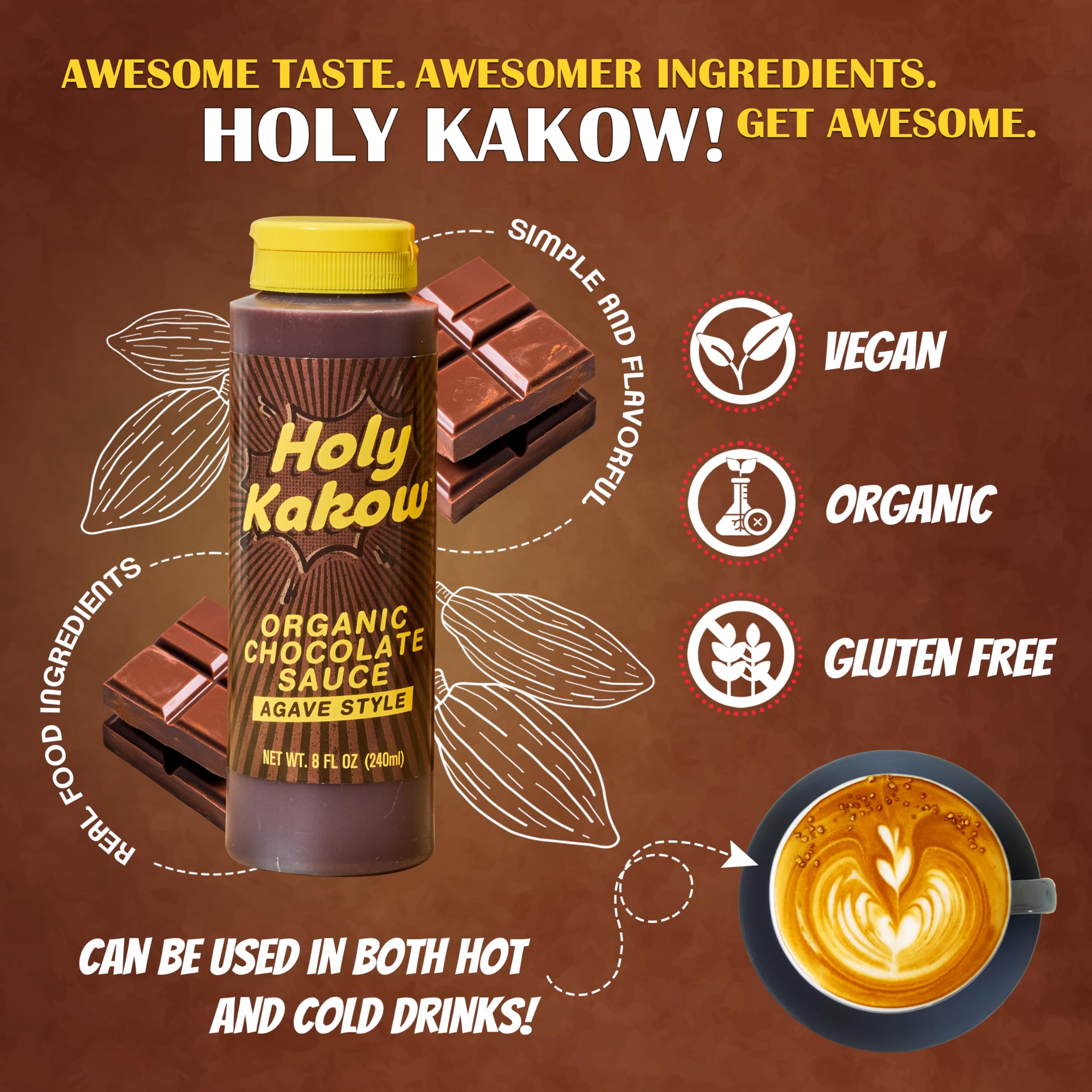 Hot coffee with Holy Kakow Organic Chocolate Sauce for a chocolatier aroma