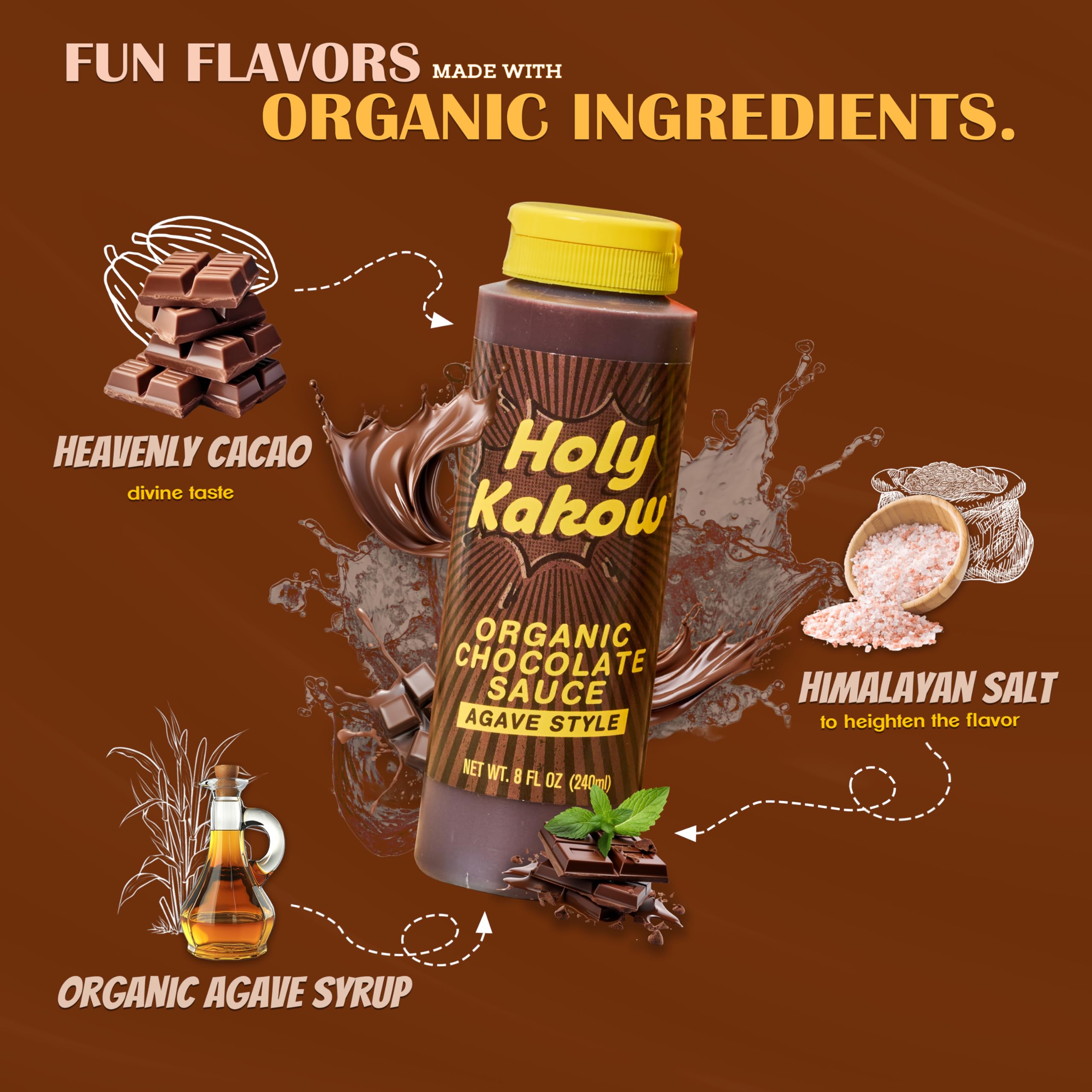 Glass bottle of Holy Kakow sauce with ingredients visible nearby