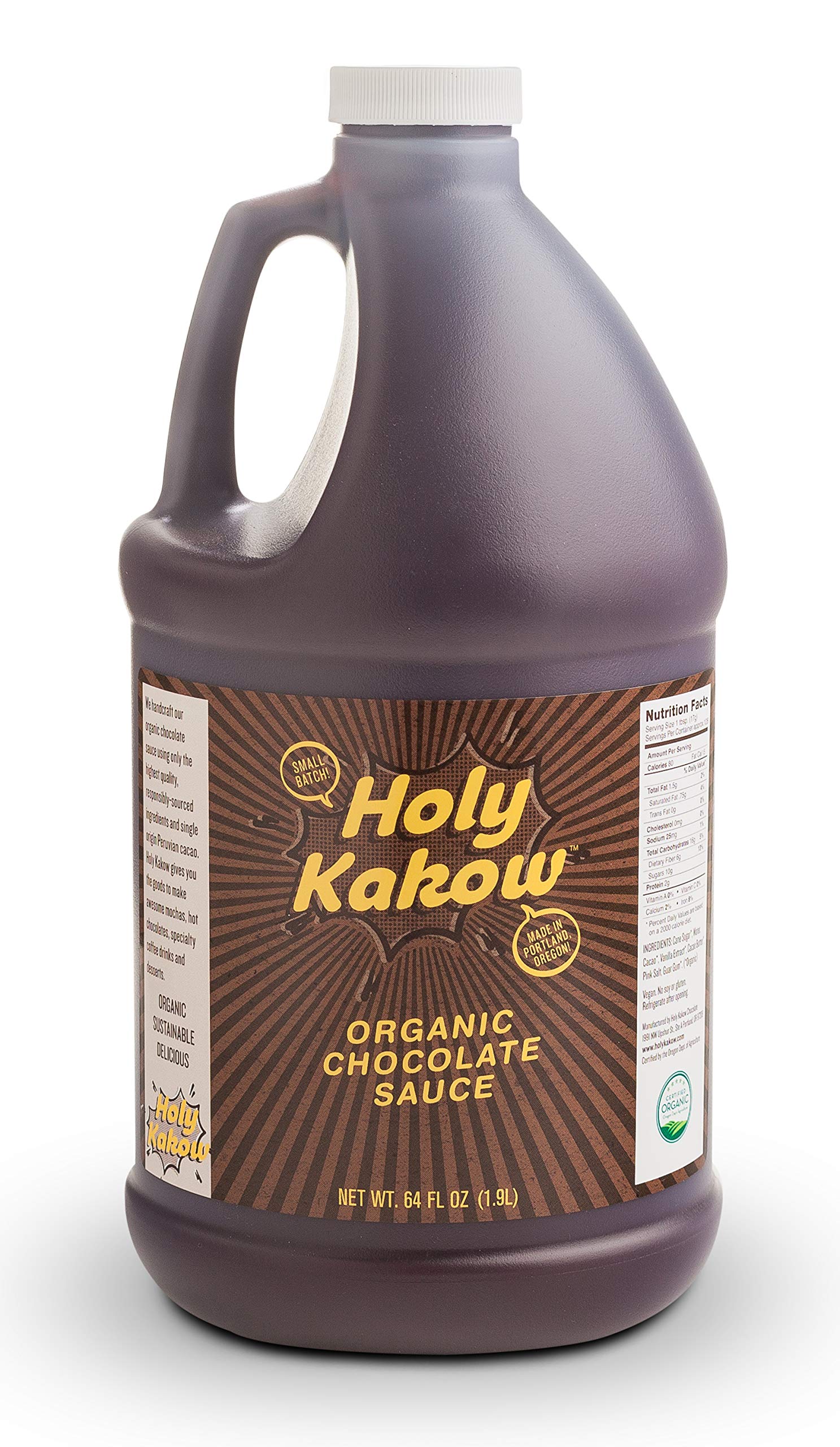 Holy Kakow Organic Chocolate Syrup bottle ready for rich drizzle over ice cream.