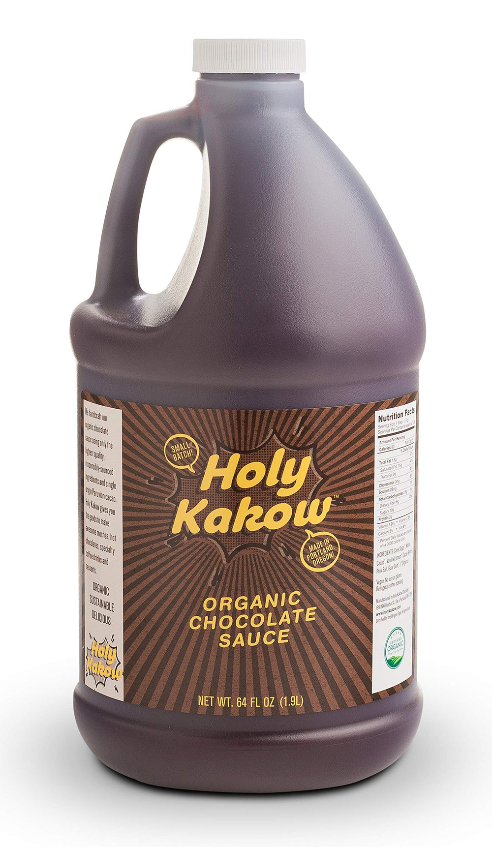 Holy Kakow Organic Chocolate Syrup bottle ready for rich drizzle over ice cream.