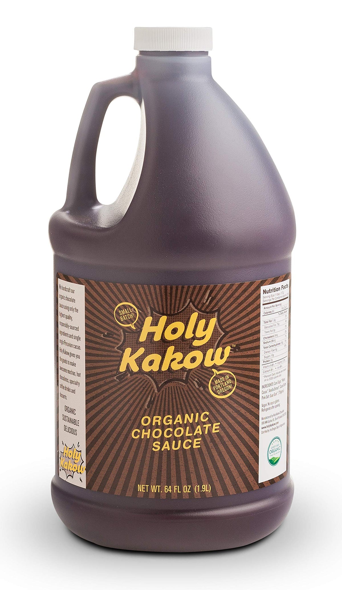 Holy Kakow Organic Chocolate Syrup bottle ready for rich drizzle over ice cream.