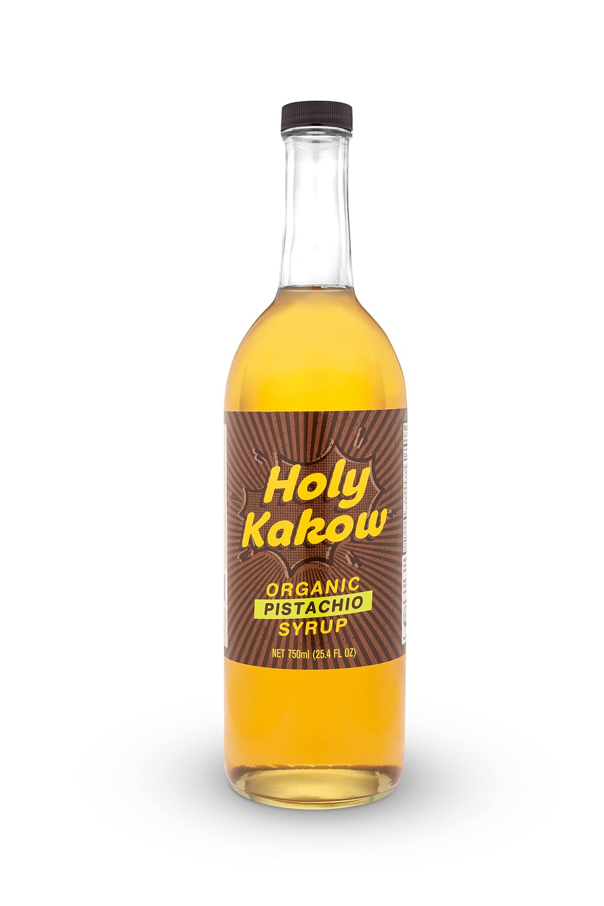 Holy Kakow Pistachio Syrup bottle highlights real ingredients for a richer coffee experience.