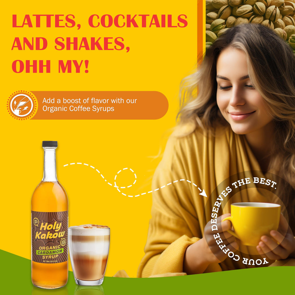 Holy Kakow Pistachio Syrup pour over espresso enhances lattes with depth.
