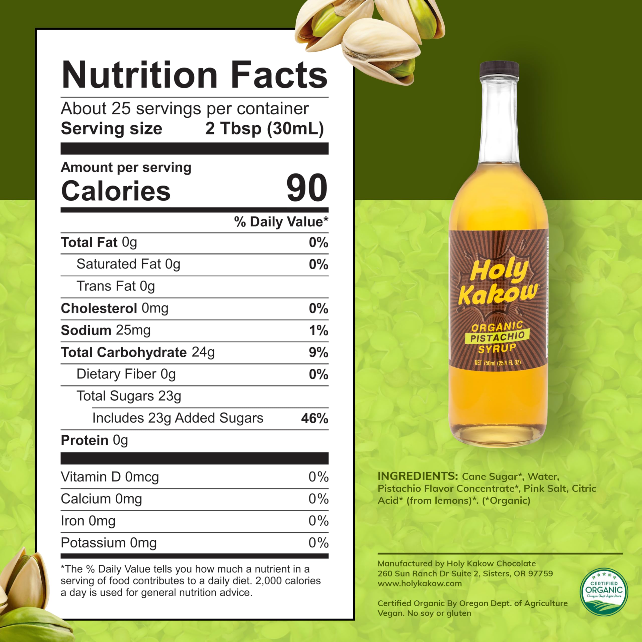 Holy Kakow Pistachio Syrup label shows natural sourcing and organic quality for premium beverages.
