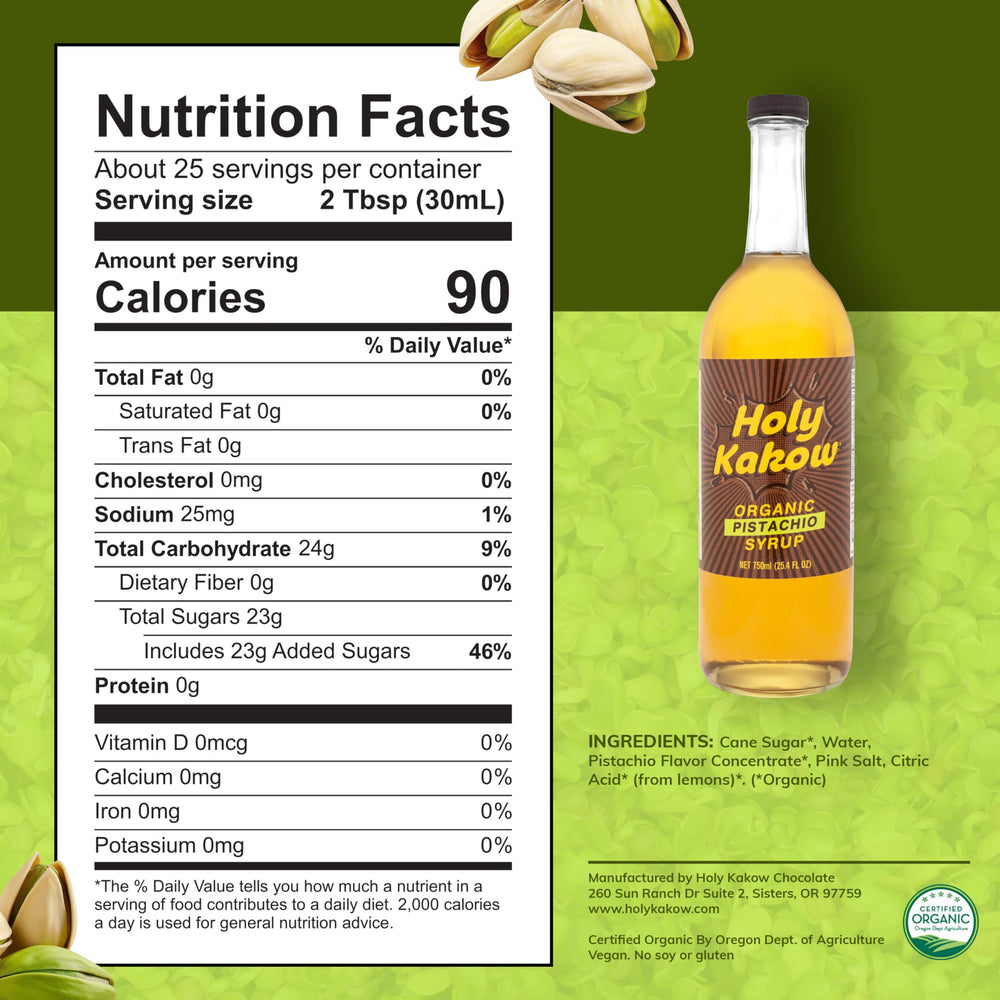 Holy Kakow Pistachio Syrup label shows natural sourcing and organic quality for premium beverages.