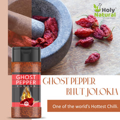 Packaging closeup of Holy Natural Ghost Pepper Powder highlights premium quality