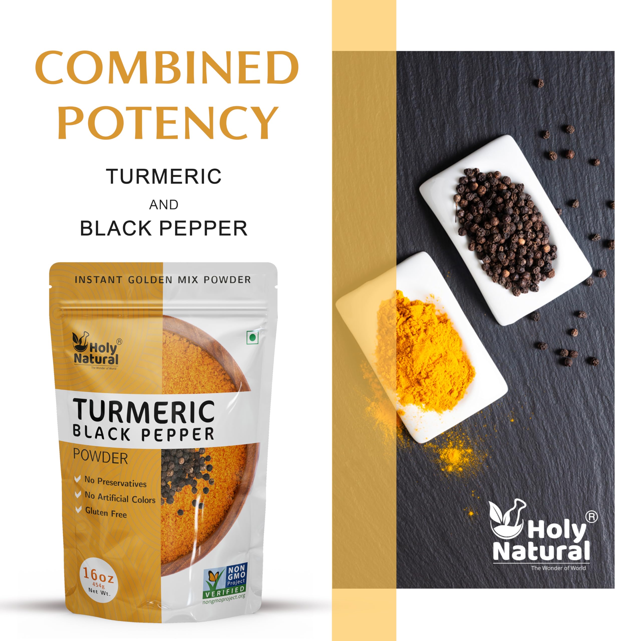 Holy Natural Turmeric Black Pepper Powder in bowl, ideal for curries and warm beverages