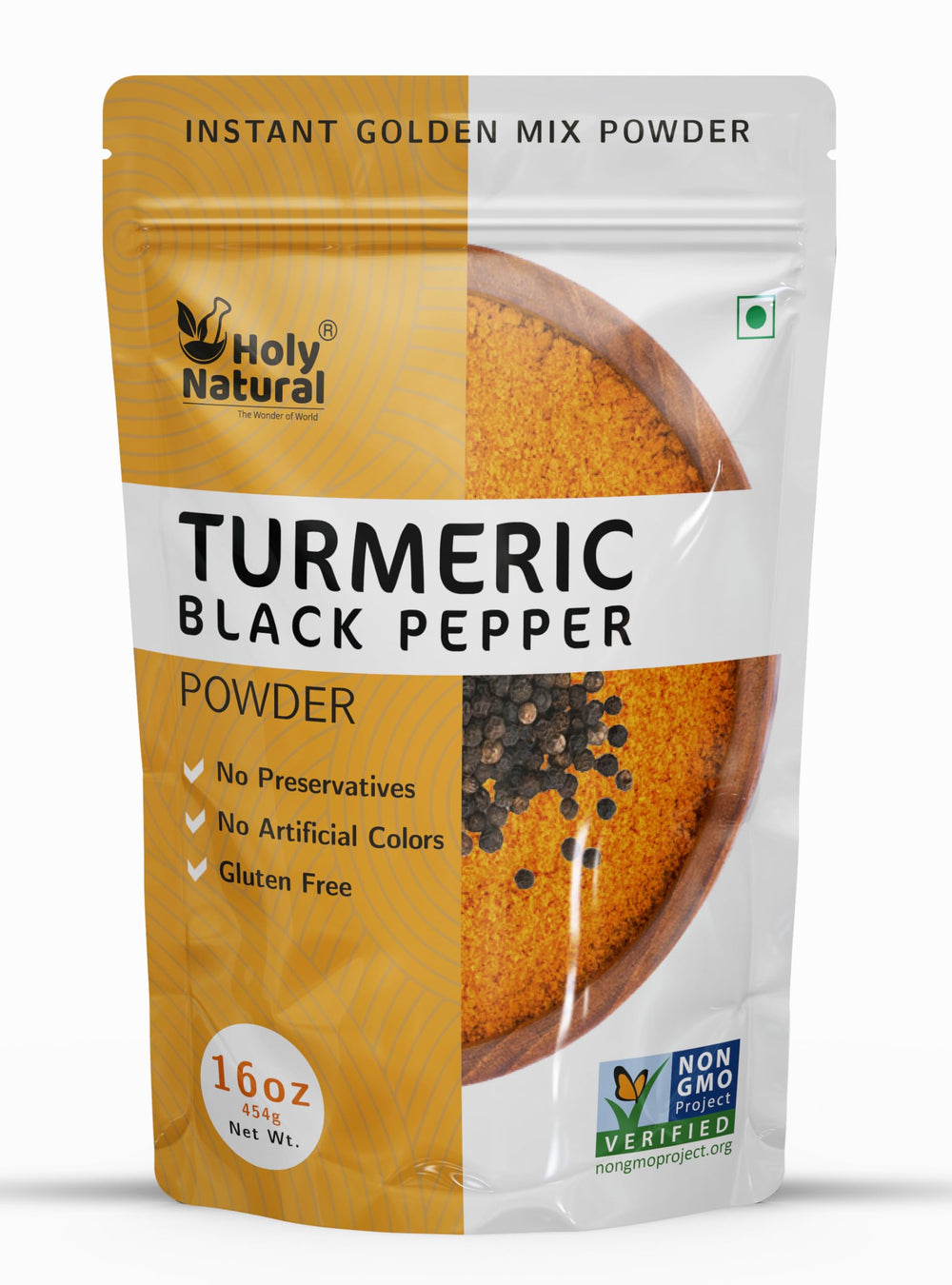 Holy Natural Turmeric Black Pepper Powder front view, versatile spice for cooking and color