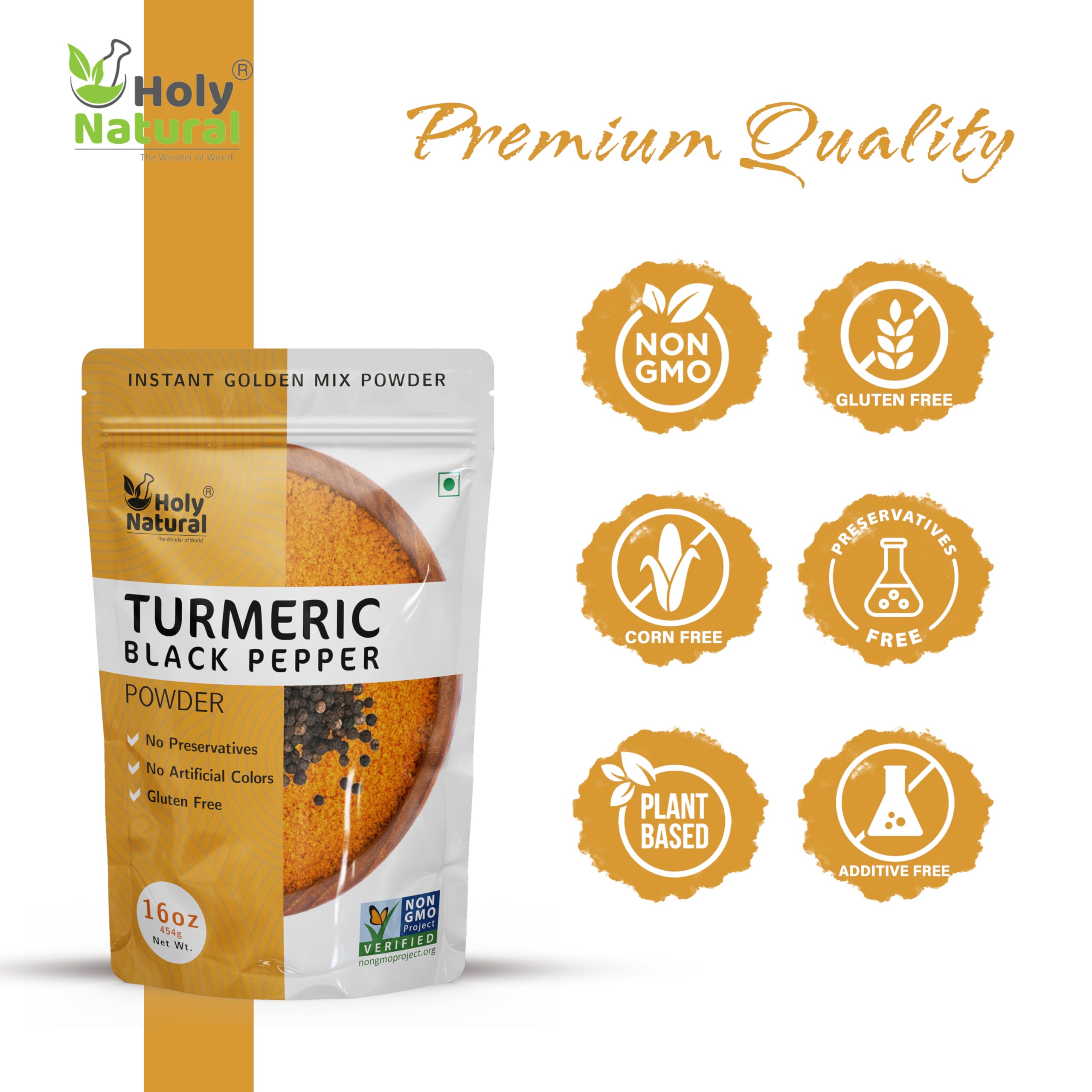 Holy Natural Turmeric Black Pepper Powder packaging with non-GMO and gluten-free label