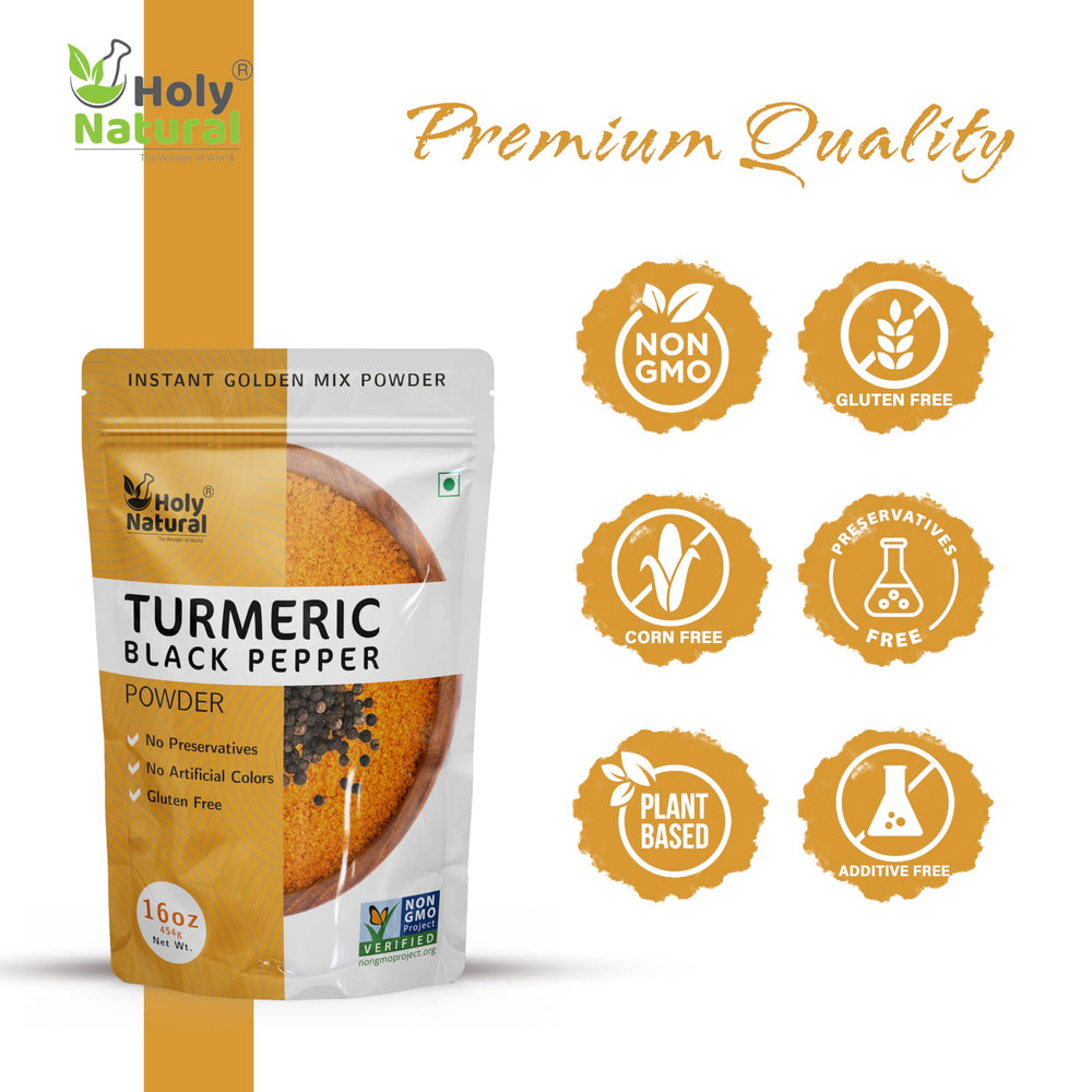 Holy Natural Turmeric Black Pepper Powder packaging with non-GMO and gluten-free label
