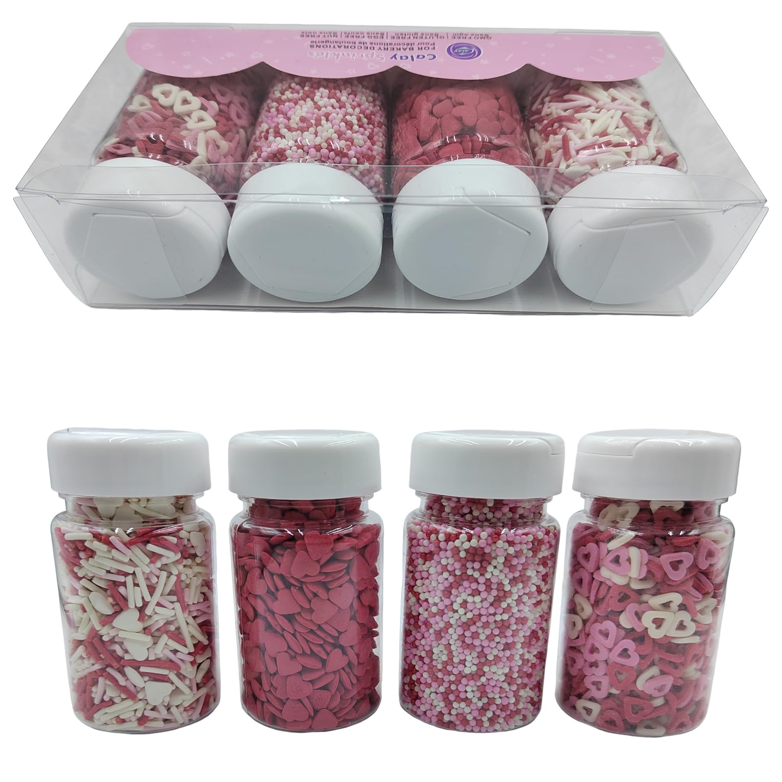 Homankit Valentines Sprinkles bottle shows pearl nonpareils for cookies and desserts.