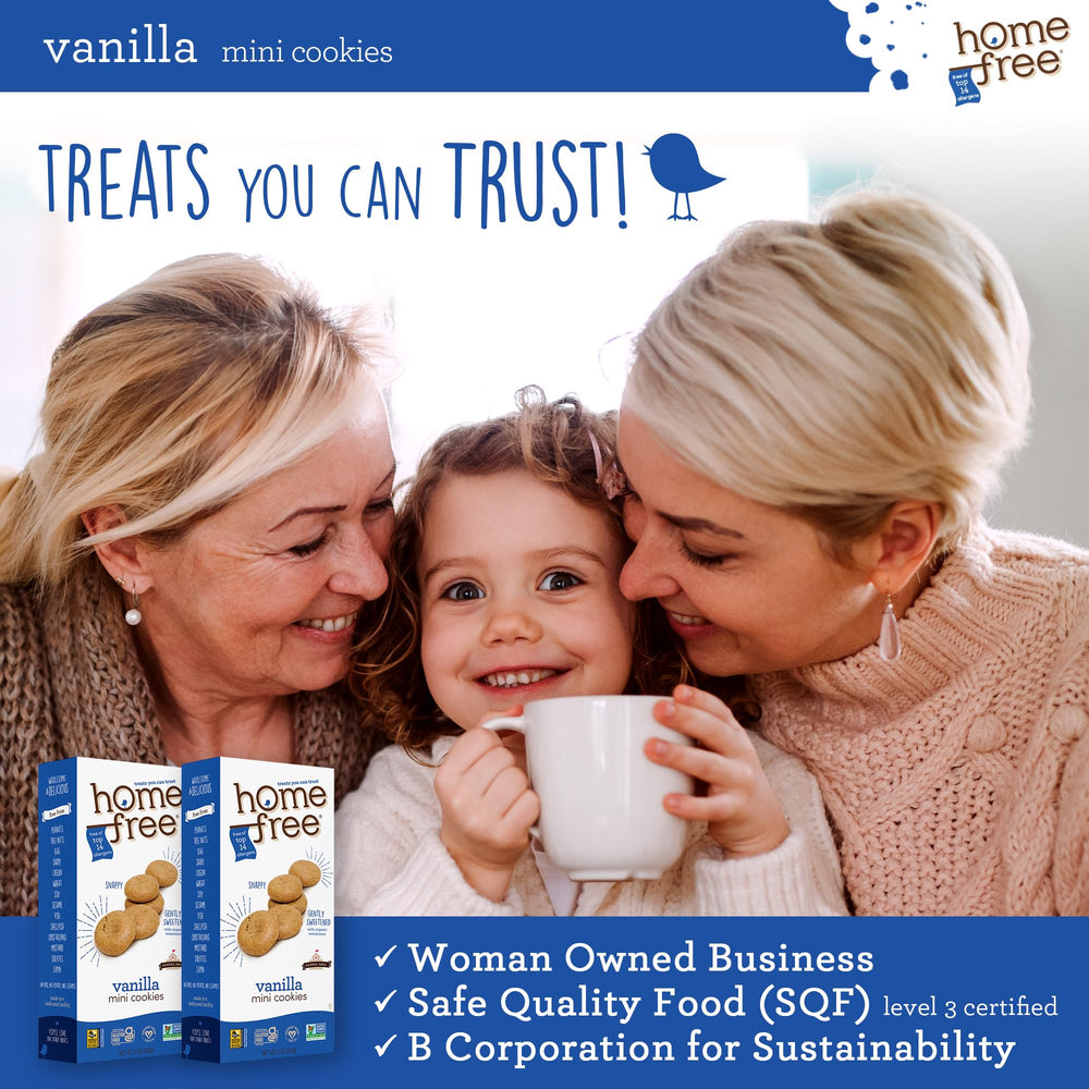 Homefree kids snack time, vanilla cookies in a resealable box.