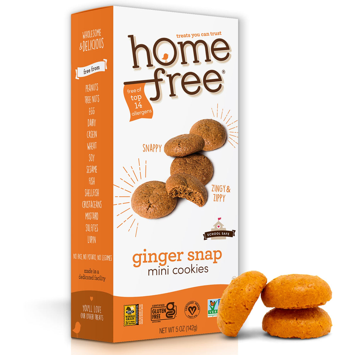 Homefree Mini Ginger Snap Cookies pack showing gluten-free and nut-free goodness.