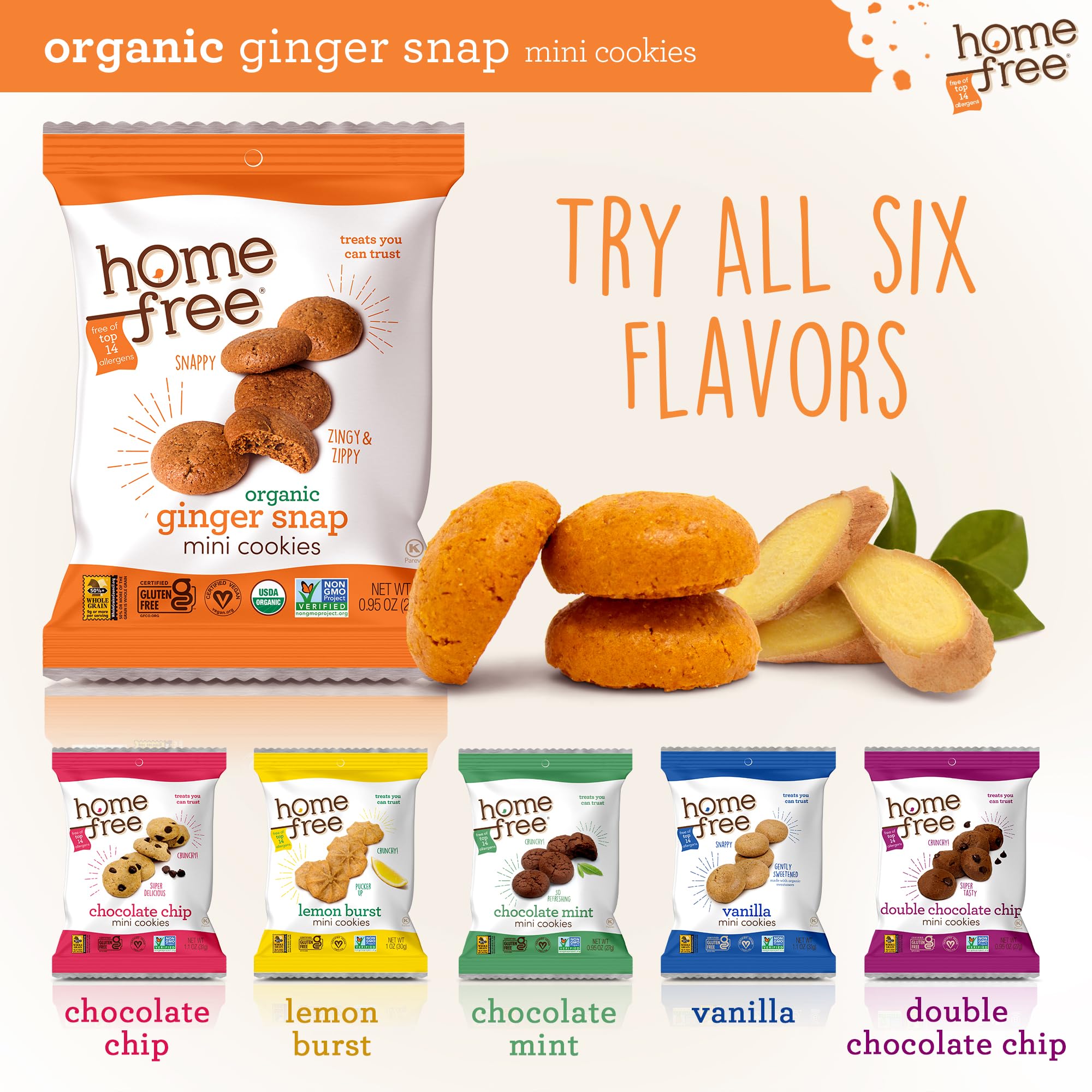 Homefree Mini Ginger Snap crumb texture closeup conveys freshness.