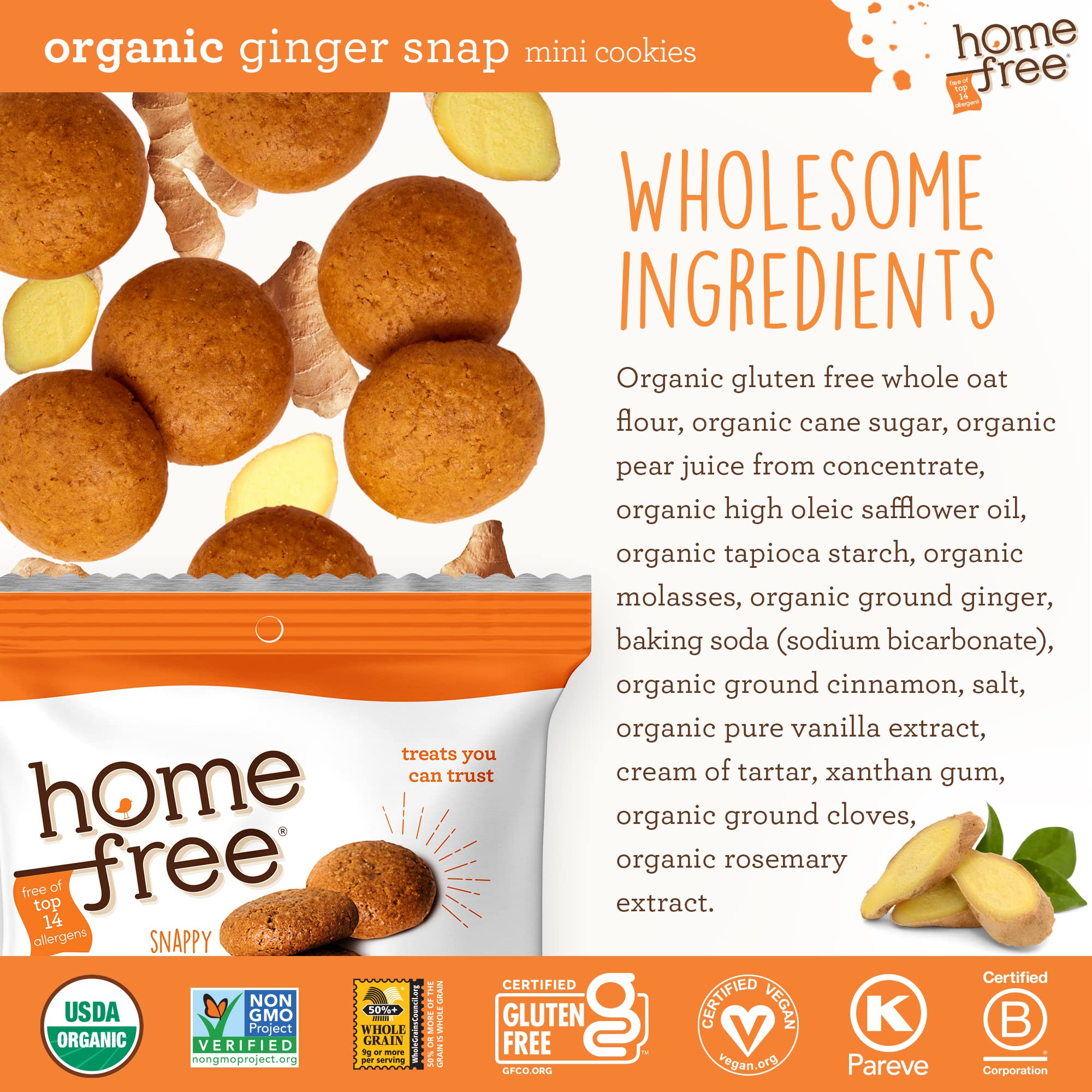 Homefree Mini Ginger Snap individual packs illustrate on-the-go snacking.