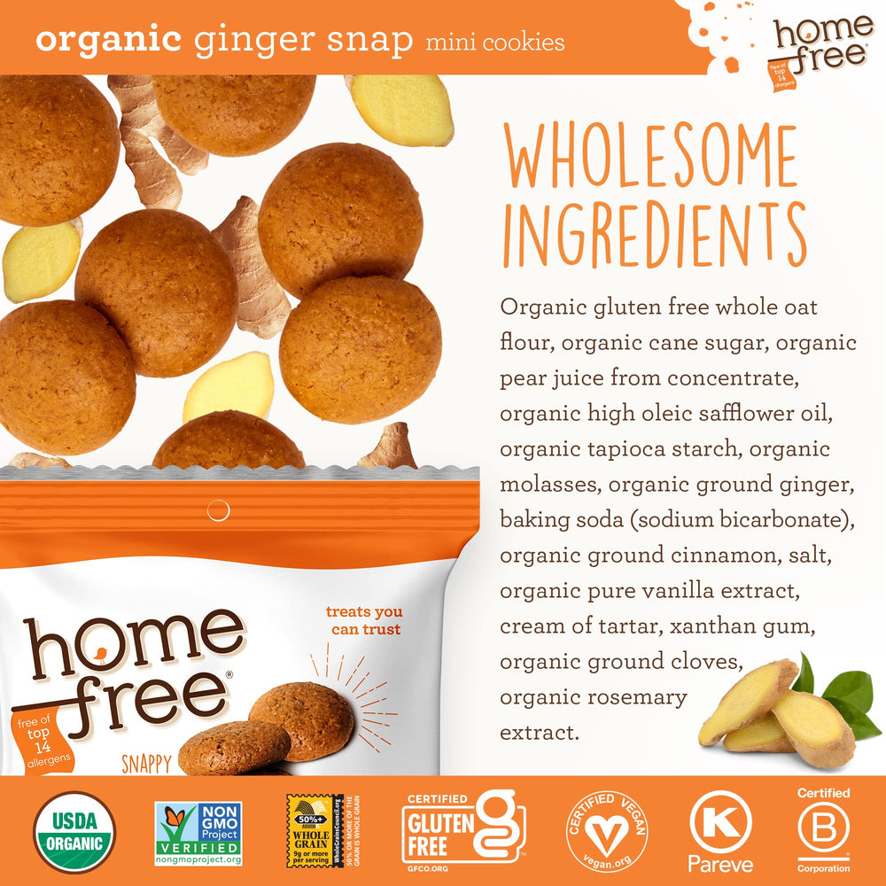 Homefree Mini Ginger Snap individual packs illustrate on-the-go snacking.
