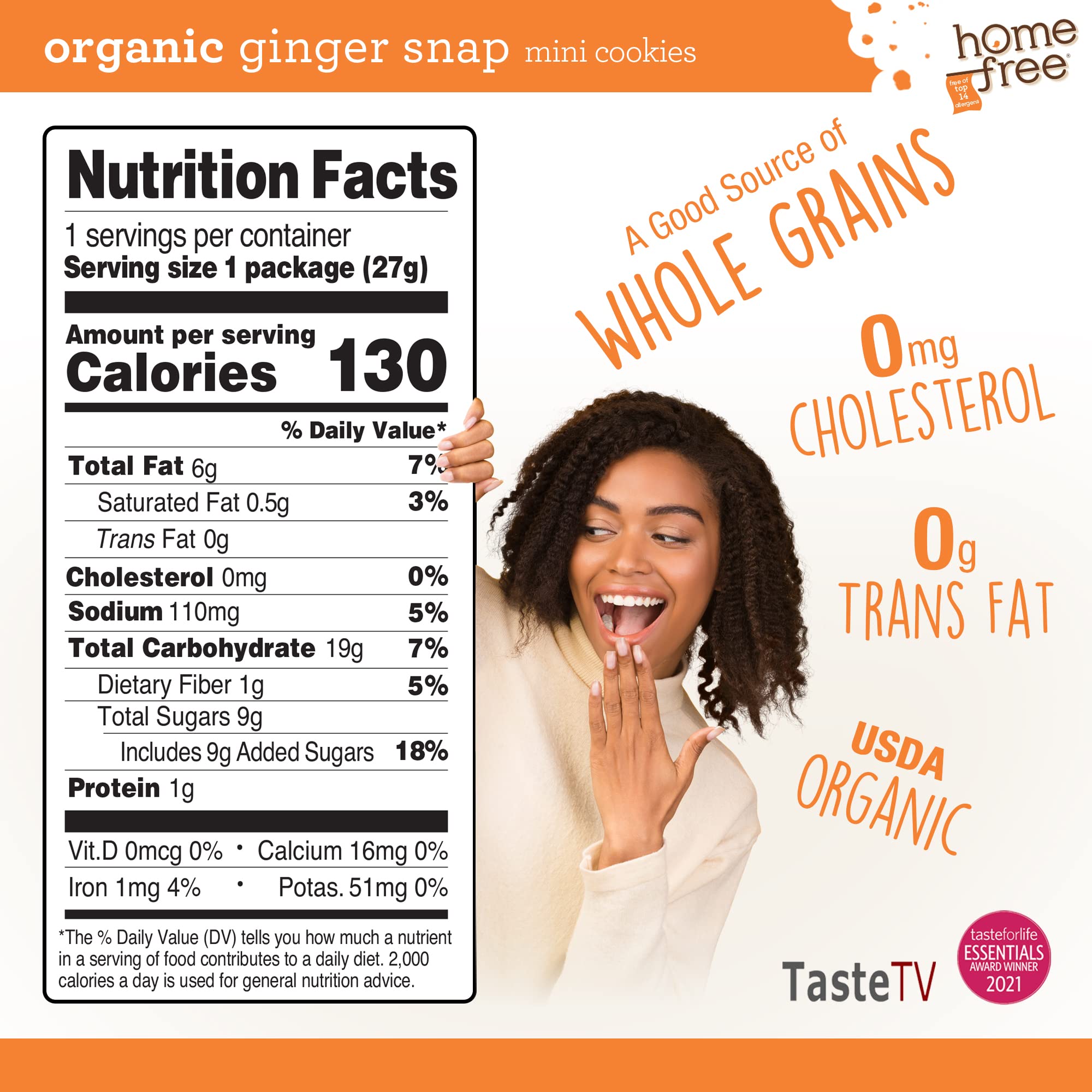 Homefree Mini Ginger Snap pack back shows allergen information and serving size for cautious shoppers.